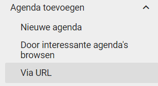 Schermafbeelding: Surf naar https://calendar.google.com/calendar/r/settings en klik onder Agenda toevoegen op Via URL.