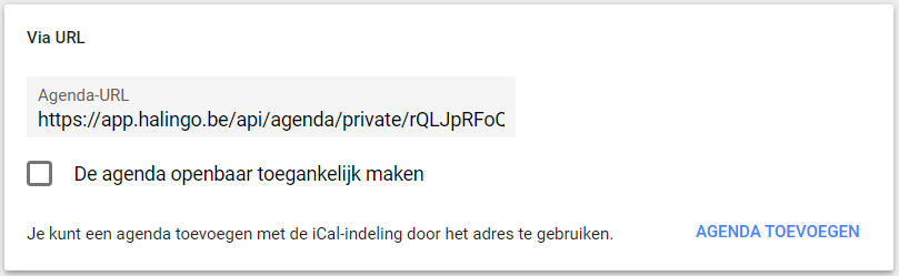 Schermafbeelding: Plak in het nieuwe scherm de gekopieerde link en klik op Agenda toevoegen.