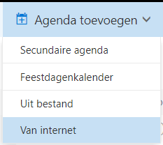 Schermafbeelding: Surf naar https://outlook.live.com/calendar/ en klik onder Agenda toevoegen op Van internet. Plak in…