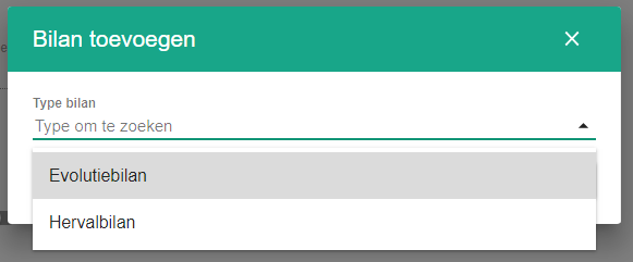 Capture d’écran&nbsp;: Sélectionnez le type de bilan. Si un bilan initial existe déjà, ce type n'est plus sélectionnable.