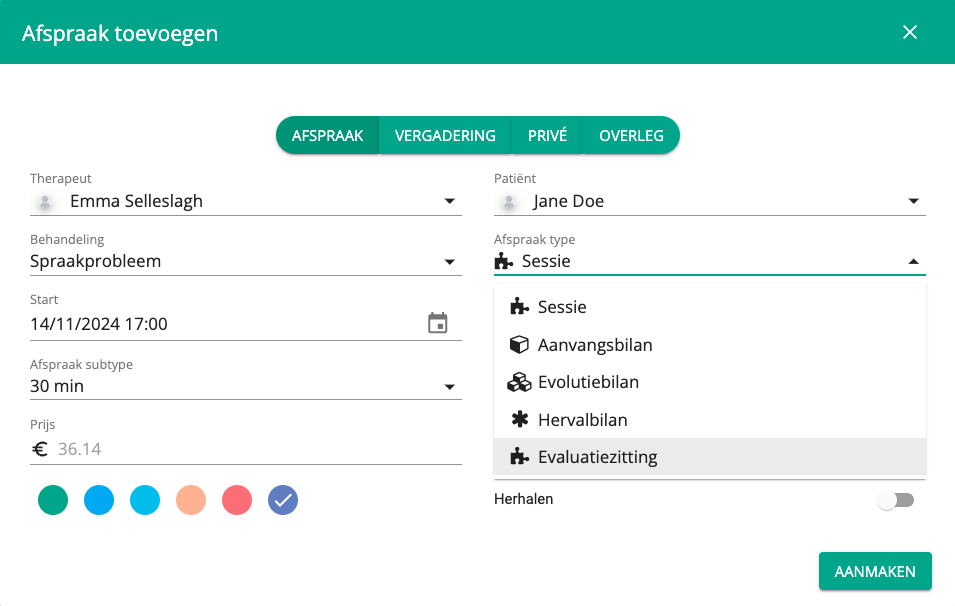Screenshot: You select the new evaluation session in the calendar through the appointment type, for patients with an…