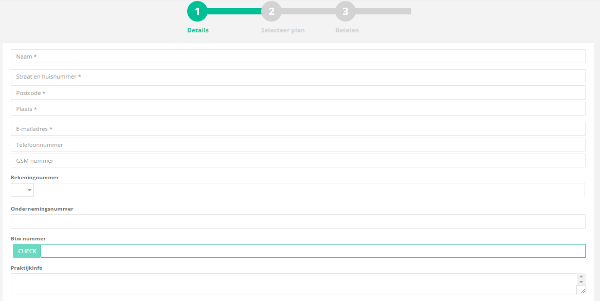 Screenshot: Fill in the practice details. Fields marked with a * are required. If you enter a VAT number, click check…