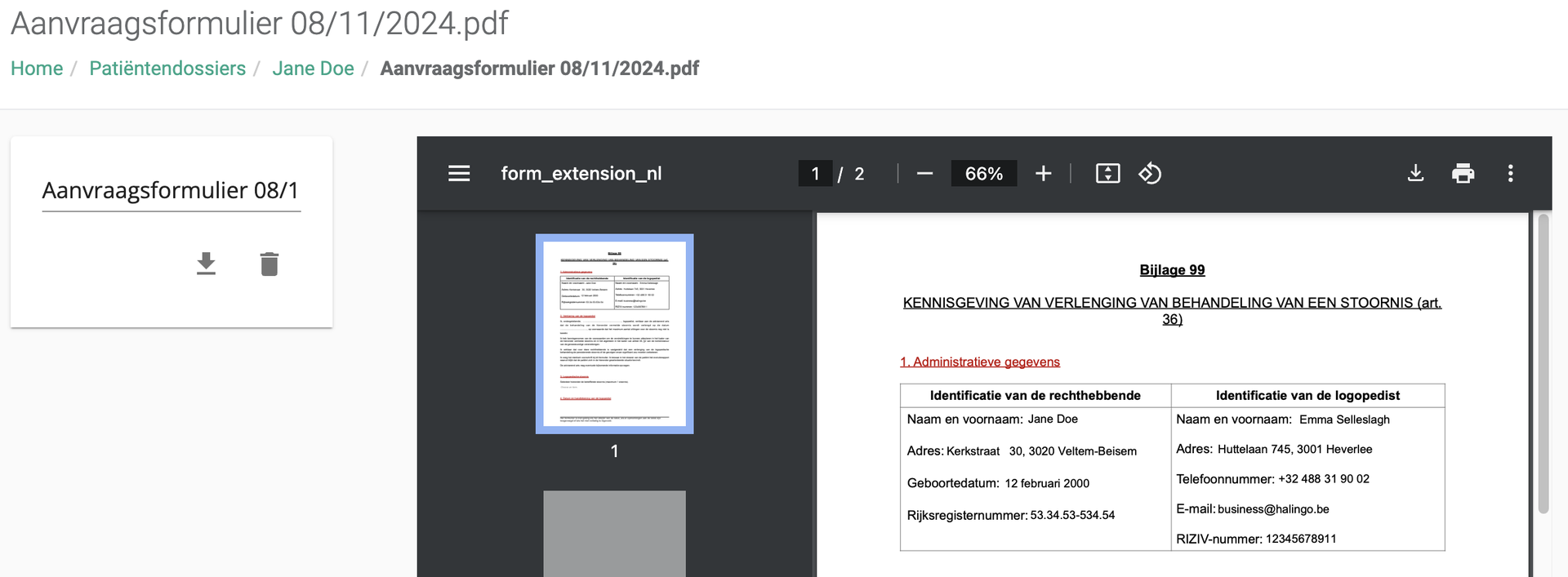 Bildschirmfoto: Formular Verlängerungsmitteilung: