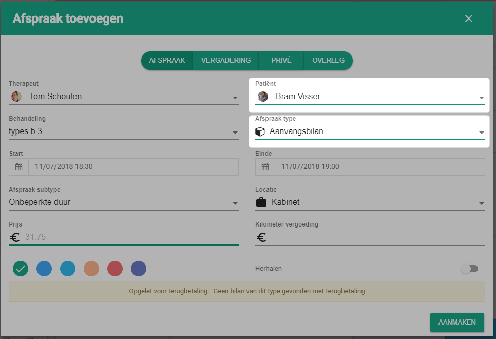 Bildschirmfoto: Wählen Sie den patiënt und bei afspraaktype (Termintyp) aanvangsbilan.