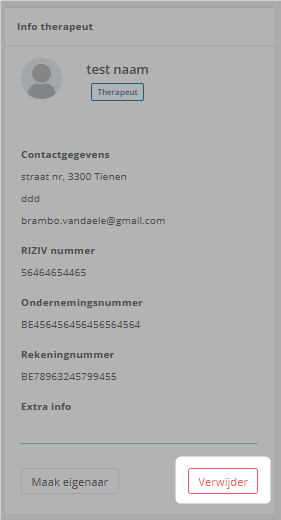 Bildschirmfoto: Klicken Sie unter info therapeut auf die Schaltfläche verwijder (entfernen).