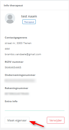 Bildschirmfoto: Klicken Sie im Fenster info therapeut auf die Schaltfläche maak eigenaar (zur Inhaberin machen).