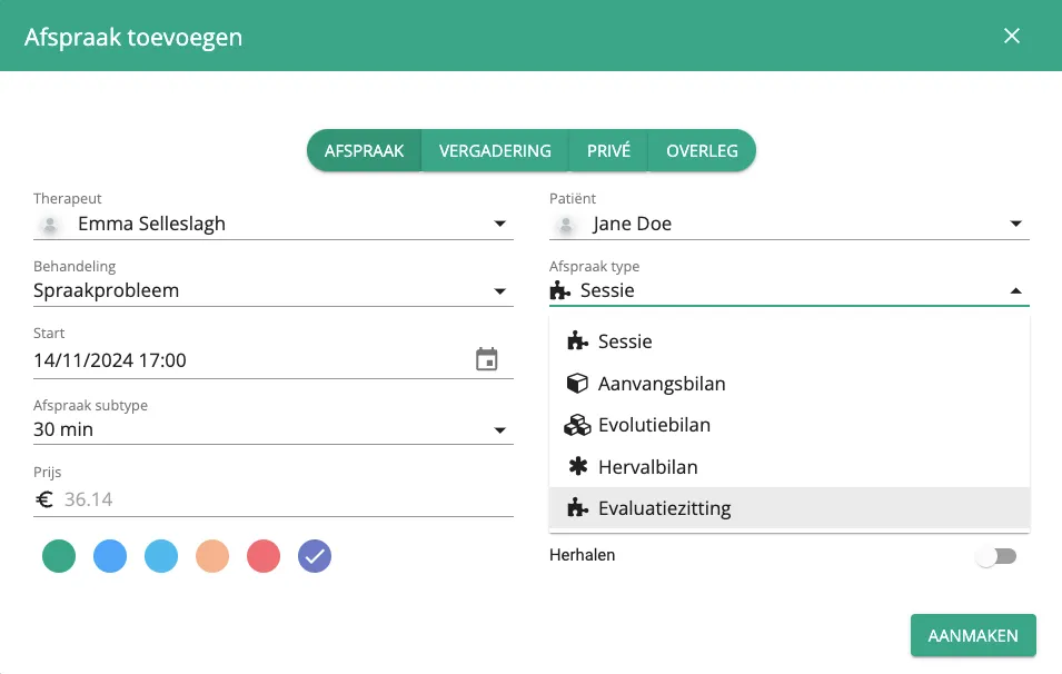 Schermafbeelding: De nieuwe evaluatiezitting selecteert u in de agenda via het afspraaktype, bij patiënten met een…