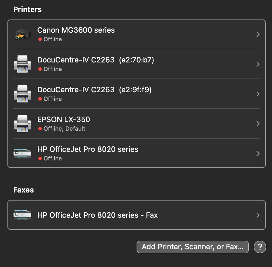 Schermafbeelding: Klik op de knop Add Printer om een printer toe te voegen.