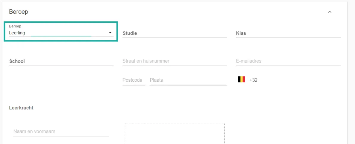 Schermafbeelding: Selecteer bij beroep leerling.
