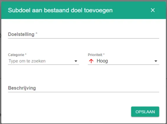 Schermafbeelding: Vul de gegevens aan, zoals bij een hoofddoelstelling. Klik daarna op opslaan.