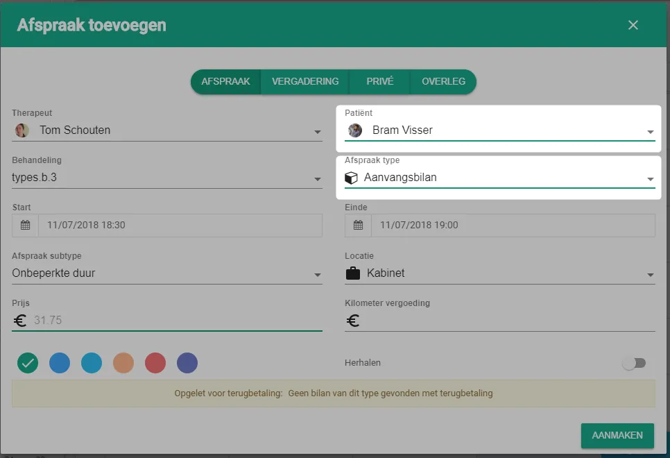 Schermafbeelding: Selecteer de patiënt en kies bij afspraaktype aanvangsbilan.
