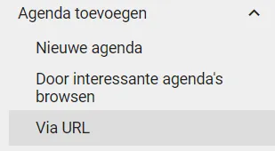 Schermafbeelding: Surf naar https://calendar.google.com/calendar/r/settings en klik onder Agenda toevoegen op Via URL.