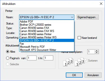 Schermafbeelding: Selecteer in het venster Afdrukken de matrixprinter.