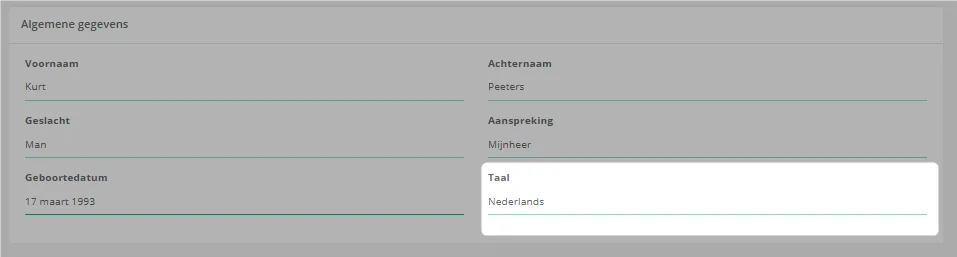 Schermafbeelding: Ga naar het kader algemene gegevens en selecteer de gewenste taal.