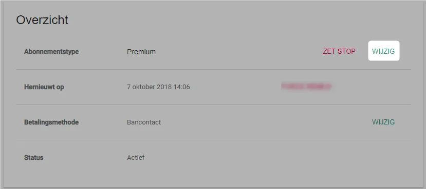 Schermafbeelding: Klik op de knop wijzig bij het abonnementstype.