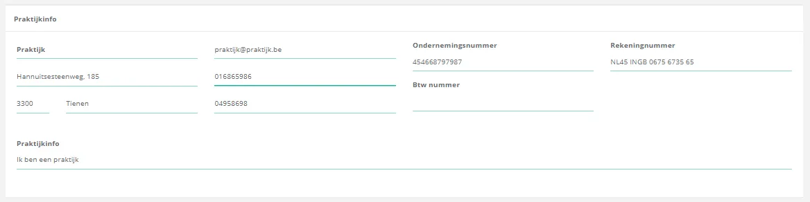 Schermafbeelding: Klik in het vak praktijkinfo op de regel die u wilt invullen of wijzigen.