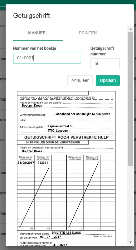 Schermafbeelding: Halingo vult het nummer van het getuigschrift automatisch in. U kunt die gegevens nog aanpassen.