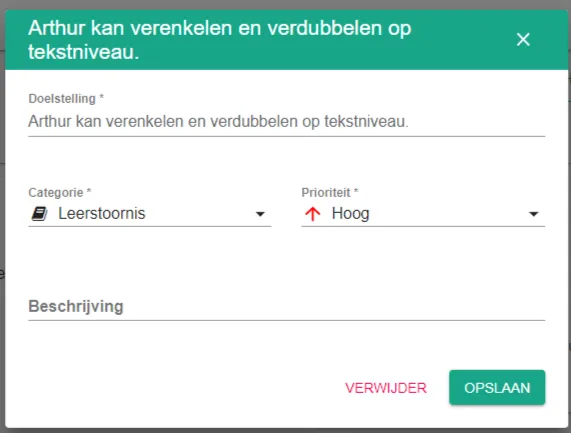 Schermafbeelding: Klik op de doelstelling die u wilt verwijderen. Het detailvenster opent.