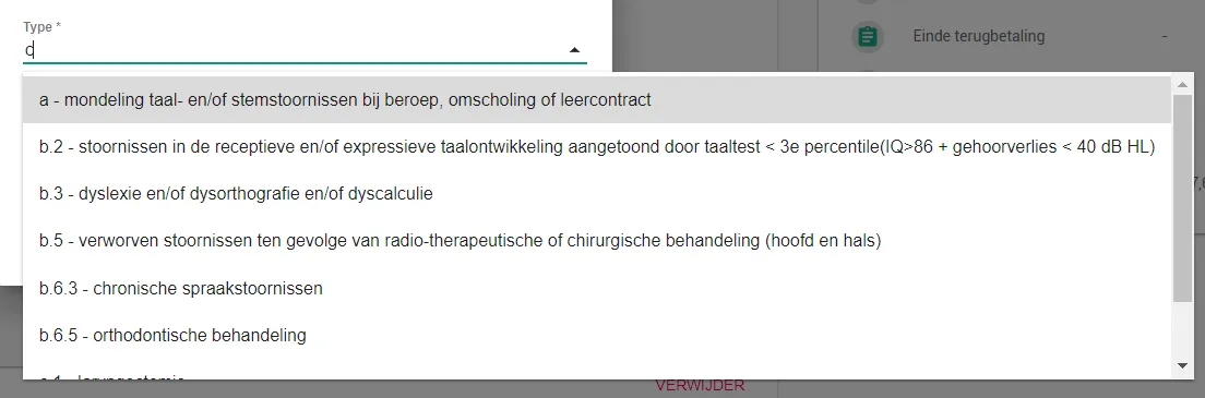 Schermafbeelding: Tip : klik in het selectievak en typ de eerste letter van het type. Zo staat het gezochte type…