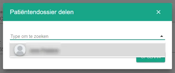 Schermafbeelding: Selecteer de therapeut met wie u het dossier deelt.