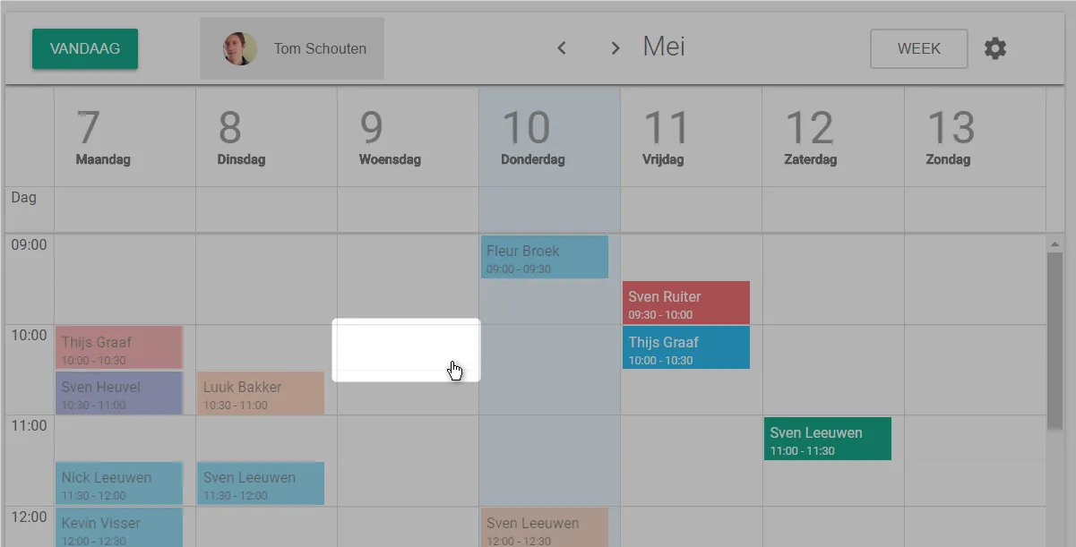 Schermafbeelding: Klik in de agenda op het moment waarop u de afspraak wilt zetten.