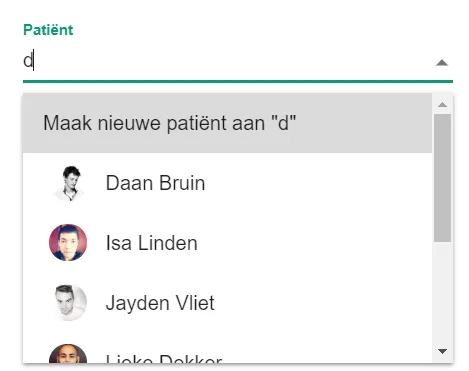 Schermafbeelding: Klik op Maak nieuwe patiënt aan, gevolgd door de naam die u typte.