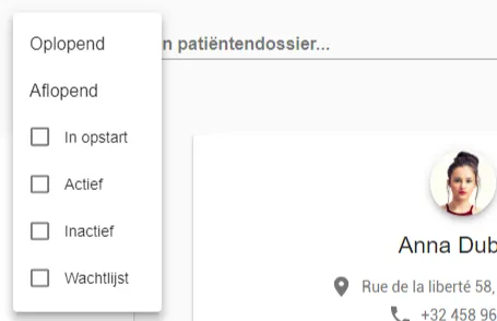 Schermafbeelding: Filter op de status van de patiënt: actief, niet actief of wachtlijst.