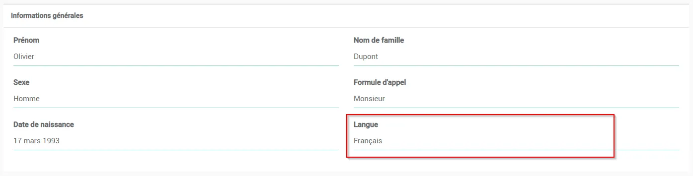 Capture d’écran : Allez dans la section Informations générales et sélectionnez la langue souhaitée.