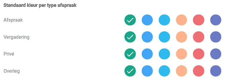 Screenshot: Select the colour you want for each appointment type. A tick marks the selected colour.