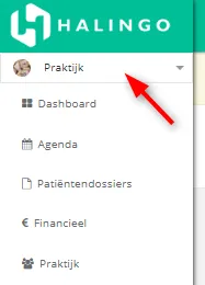 Screenshot: Click the selectiemenu (selection menu) showing the current practice in the left menu.
