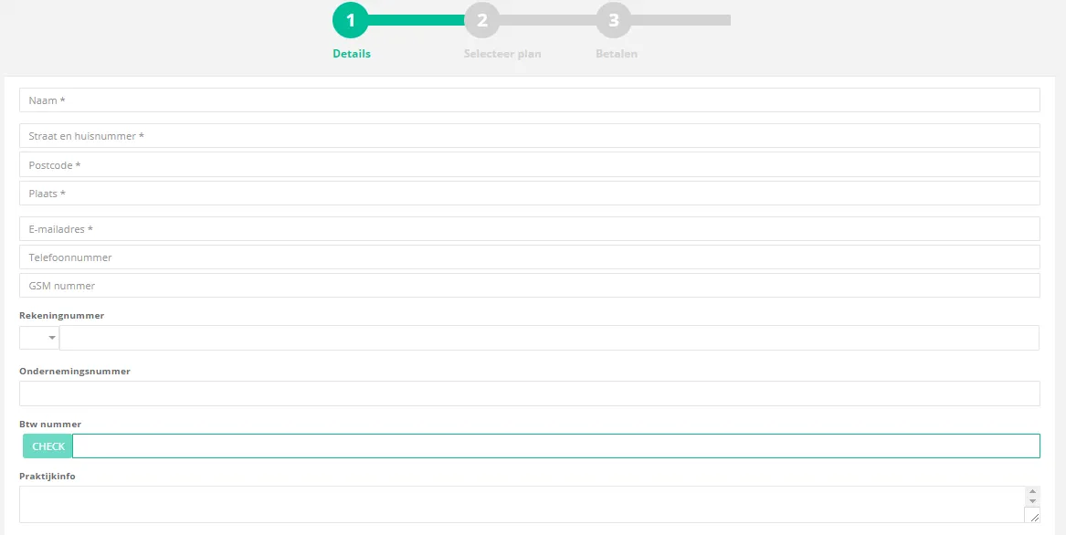 Screenshot: Fill in the practice details. Fields marked with a * are required. If you enter a VAT number, click check…