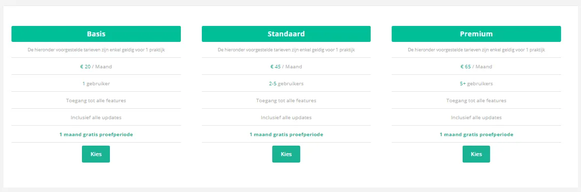 Overview of the three plans Basis, Standaard and Premium
