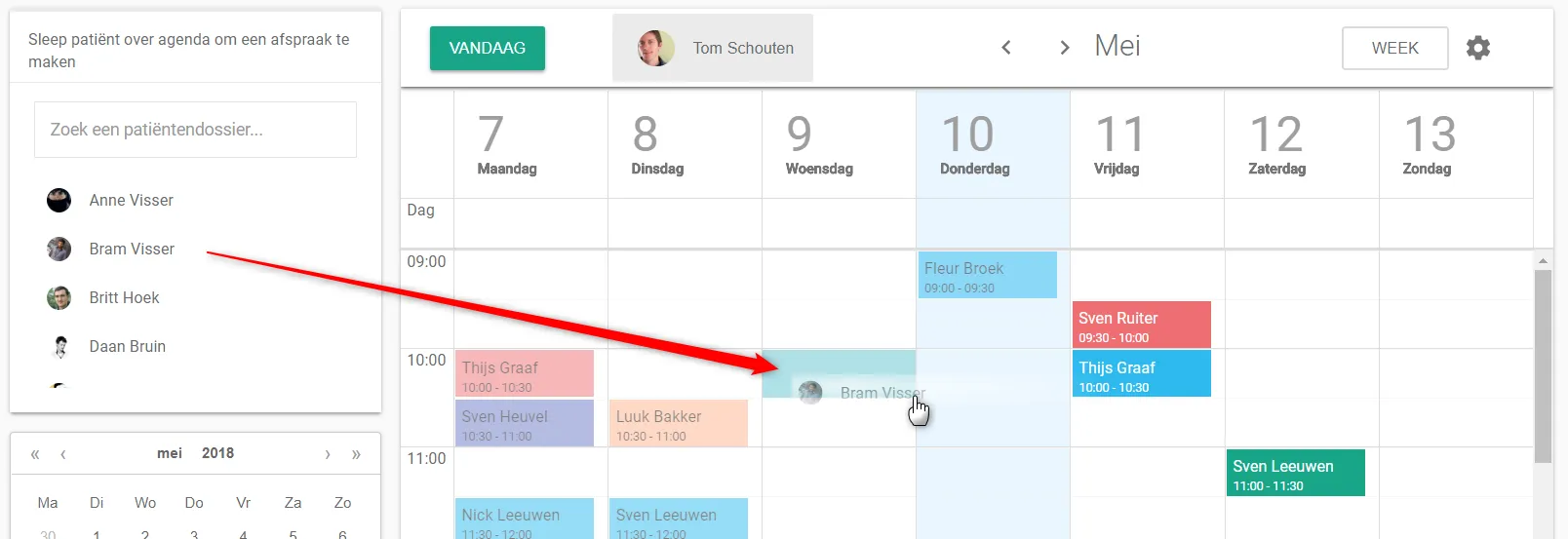 Screenshot: Drag a patient from the patient list onto the slot you want in the calendar.