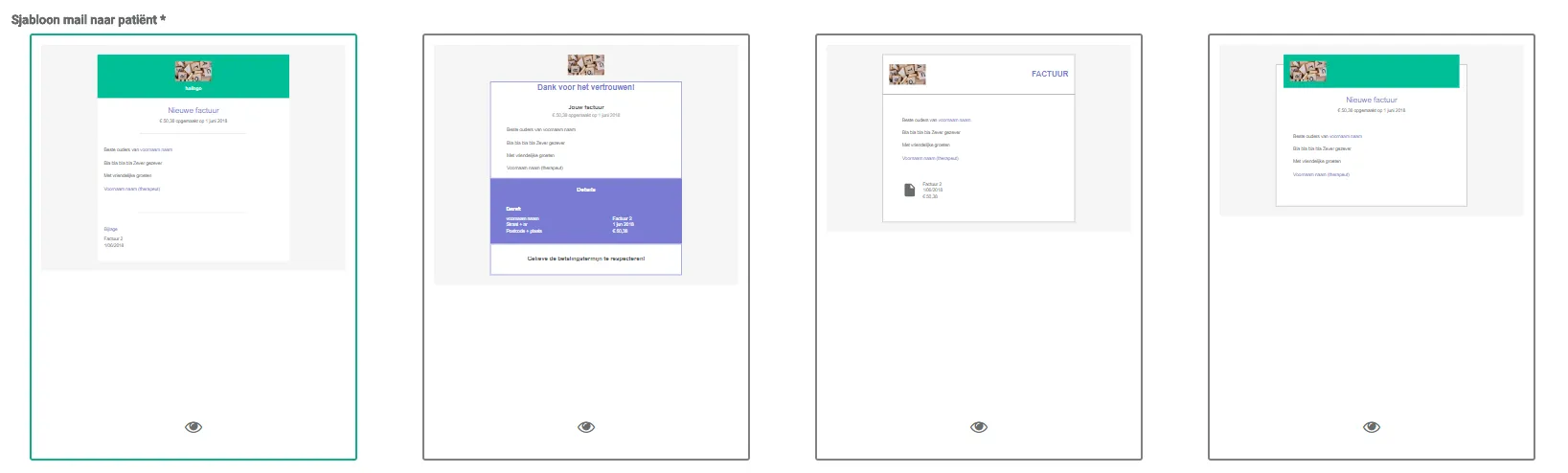 Bildschirmfoto: Wählen Sie die sjabloon (Vorlage) für die E-Mail, die Ihre Patientinnen und Patienten erhalten. Klicken…